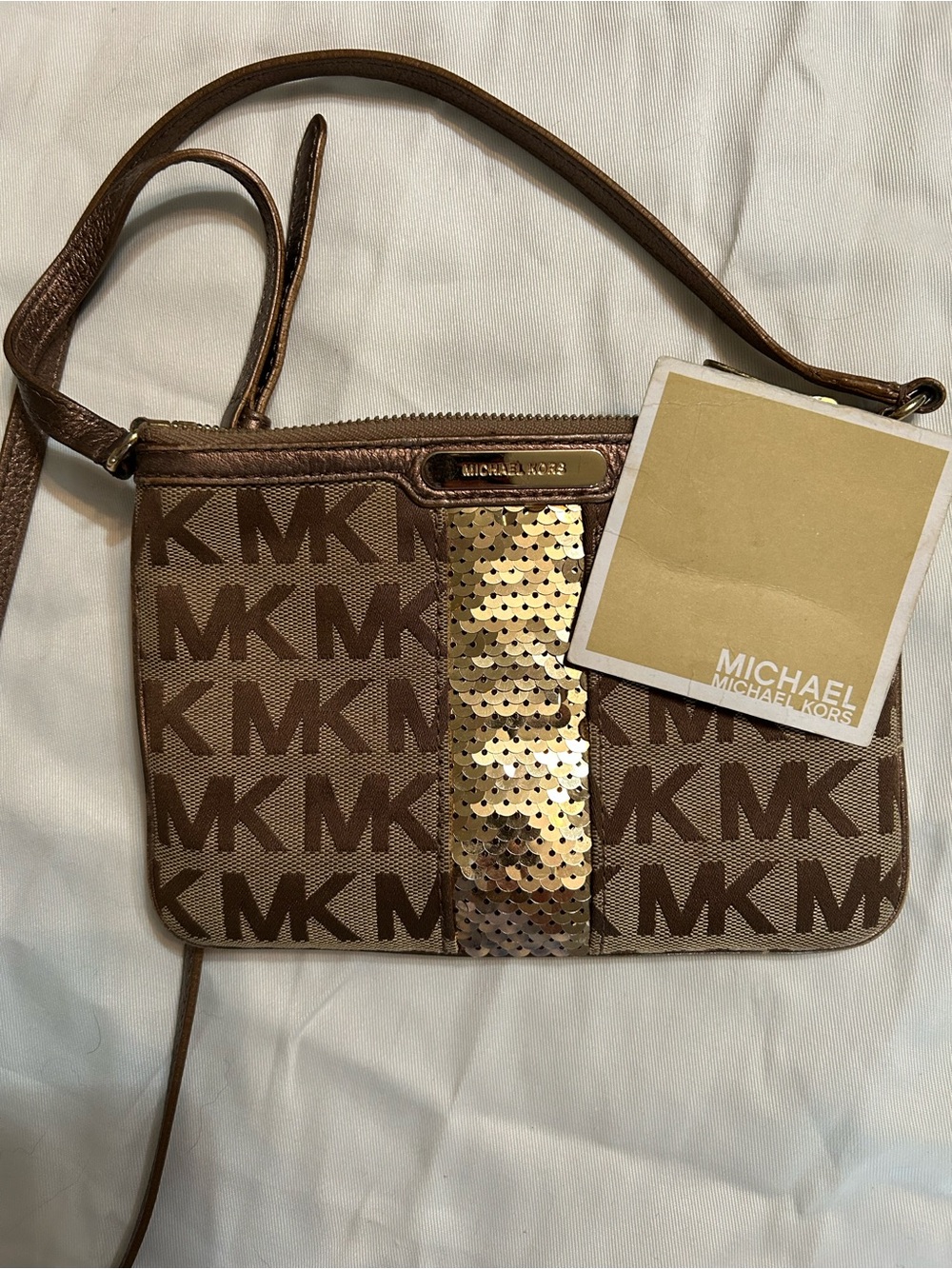 Michael Kors Brown MK Logo Crossbody with Gold Sequin Center - Picture 2 of 8